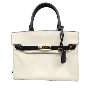 Calvin Klein Brooke Satchel Bag Cream Black Gold Lock Key Top Handle Crossbody